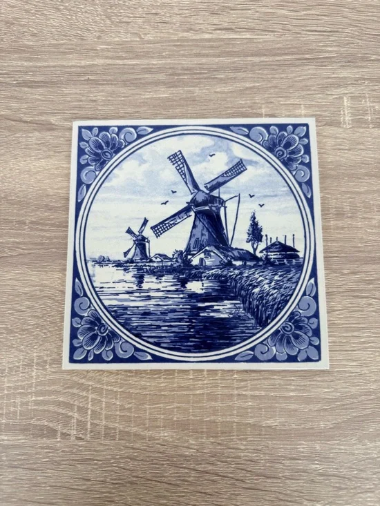 Vintage Delft Blauw Hand Painted Tile Holland Blue White Windmill Wall Art Decor - Picture 4 of 5